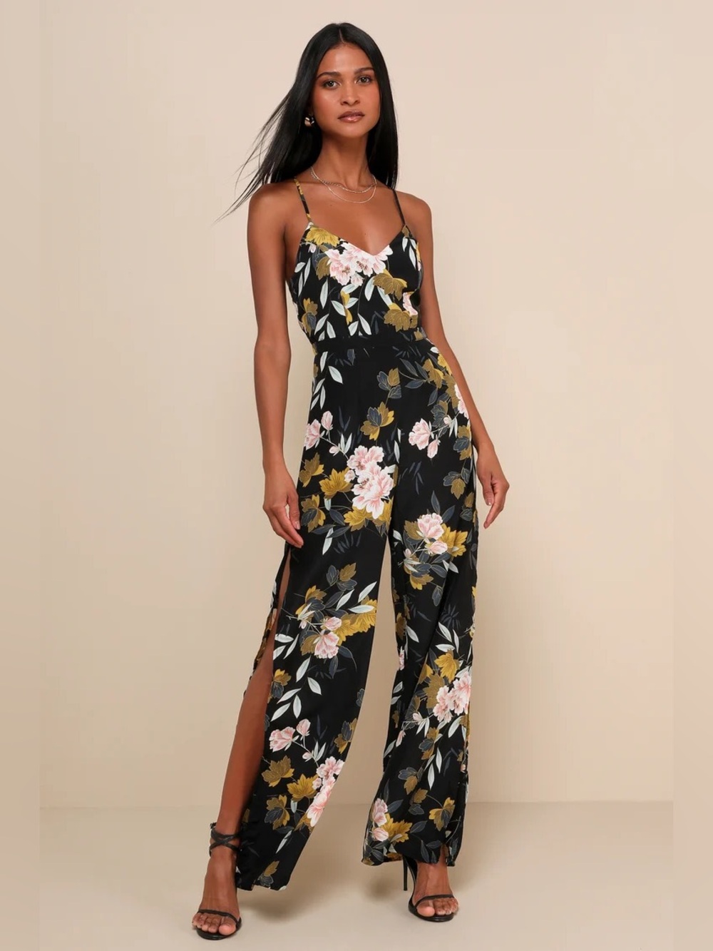 Lulus Beautiful Blooms Black Floral Print Wide-Leg Jumpsuit